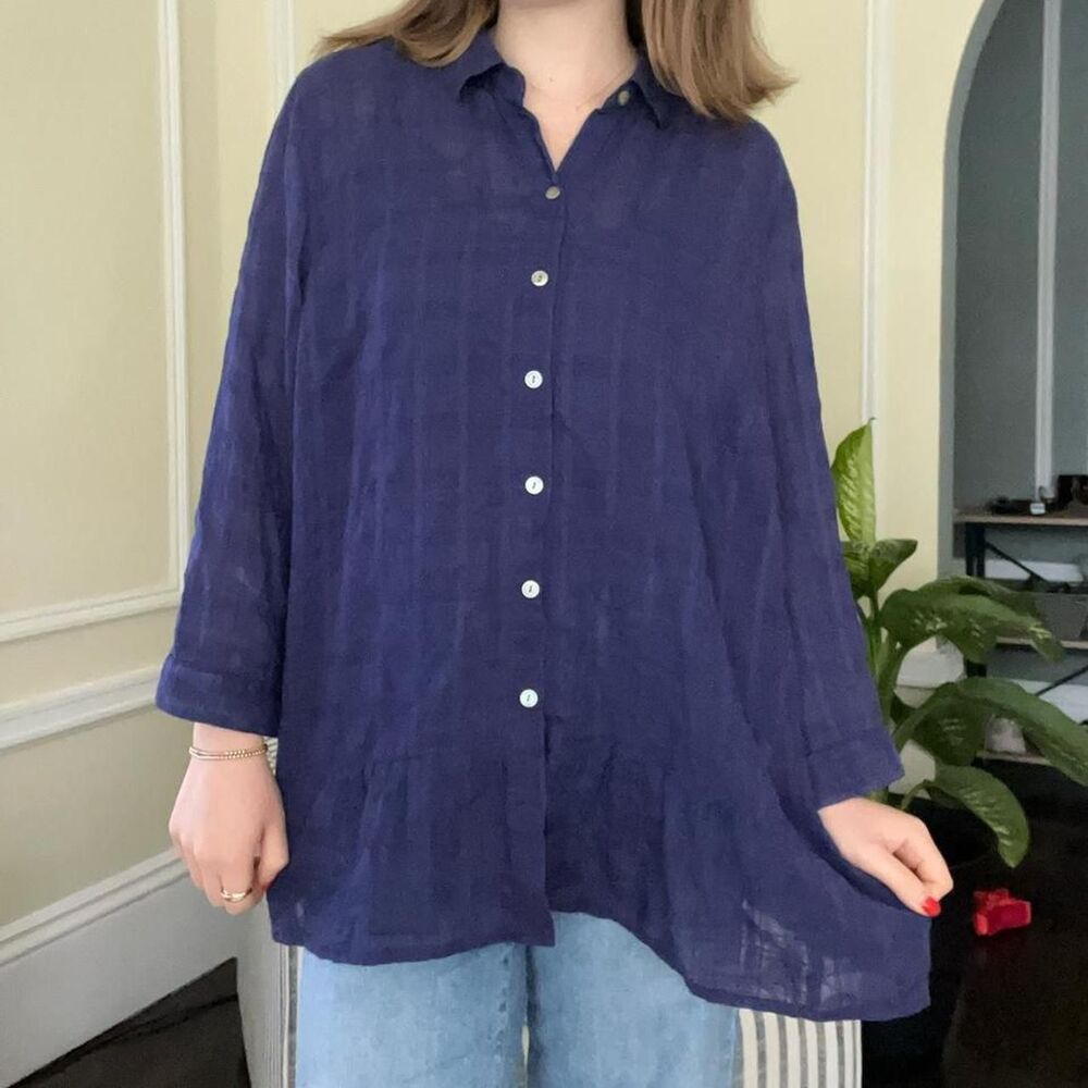 J. Jill Whimsical cottage core blue linen shirt with subtle checkered texture
